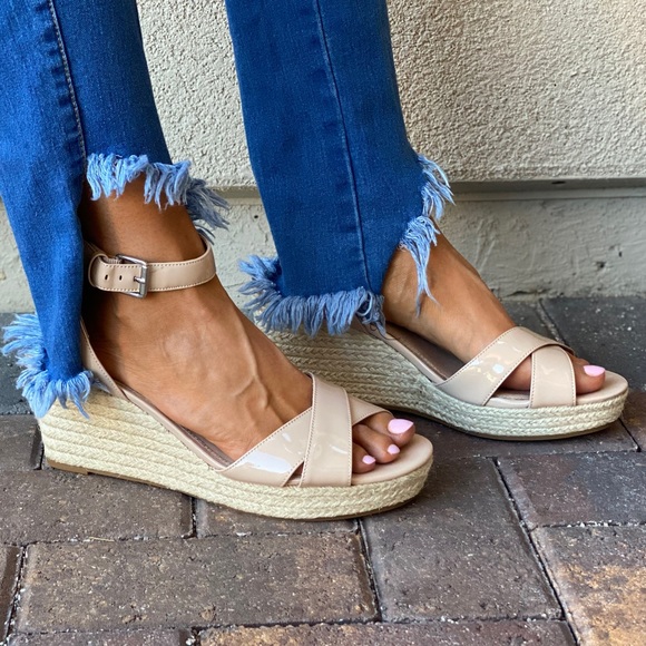 Nude Patent Leather Espadrille Platform Wedge - Picture 2 of 8